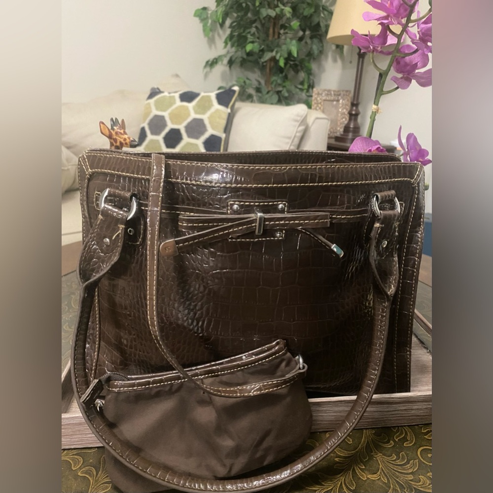 Leather Croc Embossed Satchel with Pouch